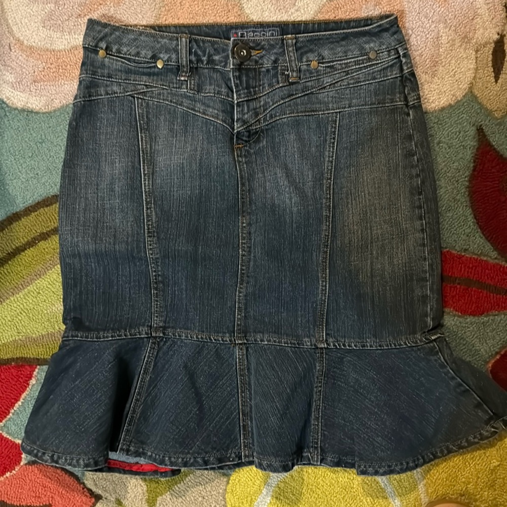 Energie Dark Wash Denim Peplum Hem Skirt